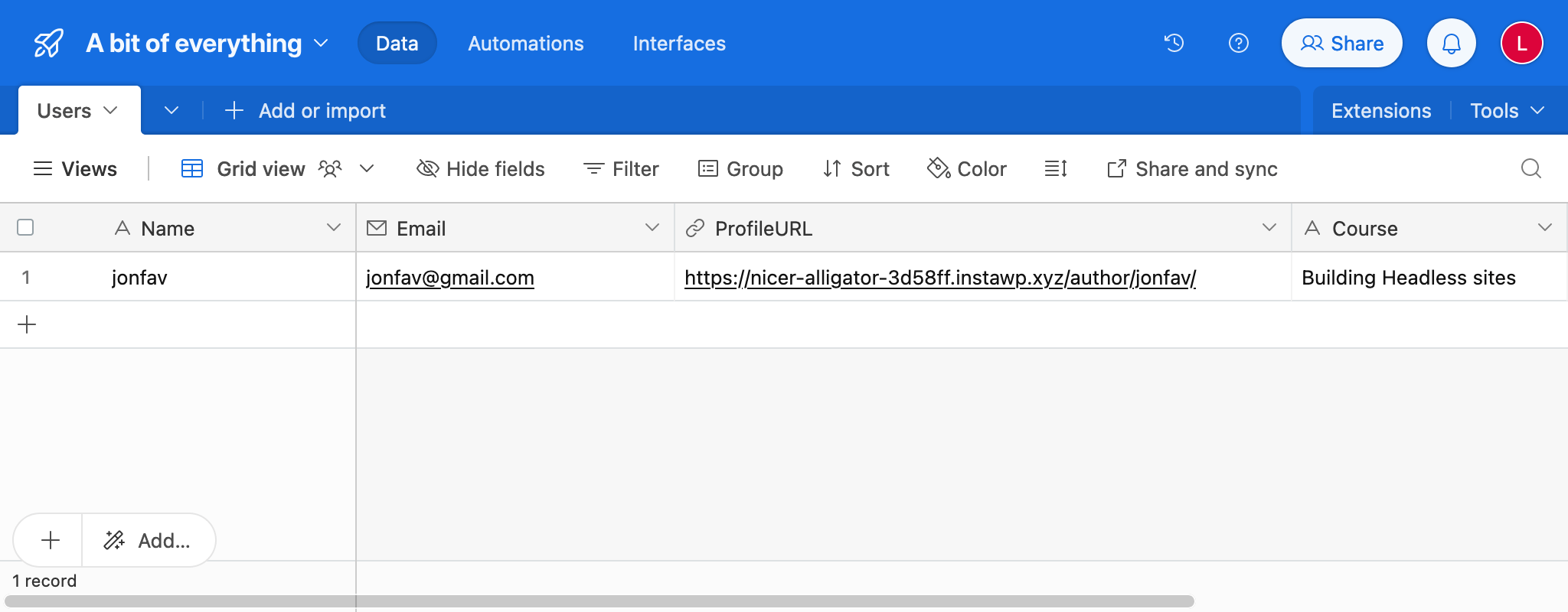 LMSデータを含むAirTableのテーブル