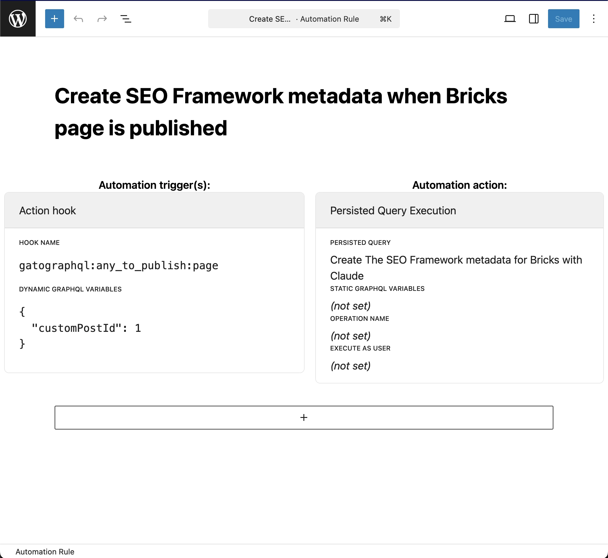 ClaudeでBricks向けThe SEO Frameworkメタデータを作成するAutomationルール